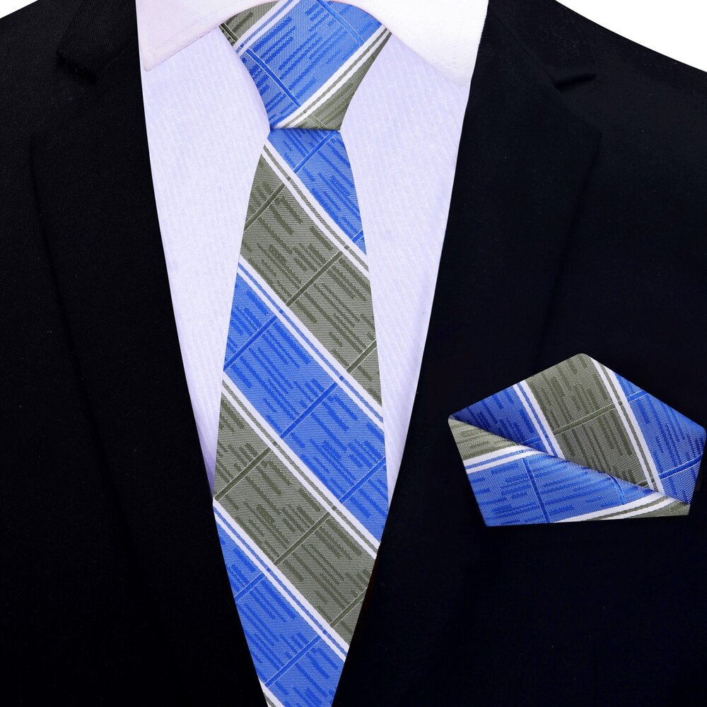 Stone Green, Blue Stripe Thin Tie and Pocket Square