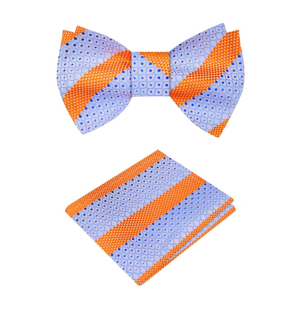A Light Blue and Orange Striped Pattern Silk Self Tie Bow Tie With Matching Pocket Square 