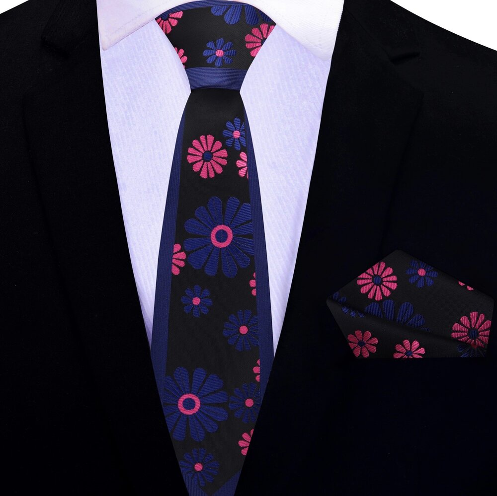 Thin Tie: Blue, Pink Cactus Flower Tie||Blue, Pink