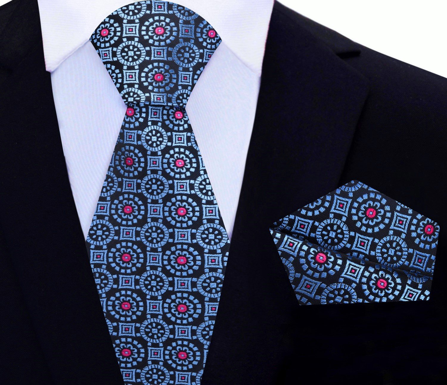Main View: Black, Blue Pink Geometric Tie and Square
