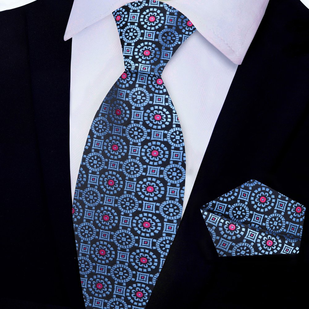 Black, Blue Pink Geometric Tie and Square