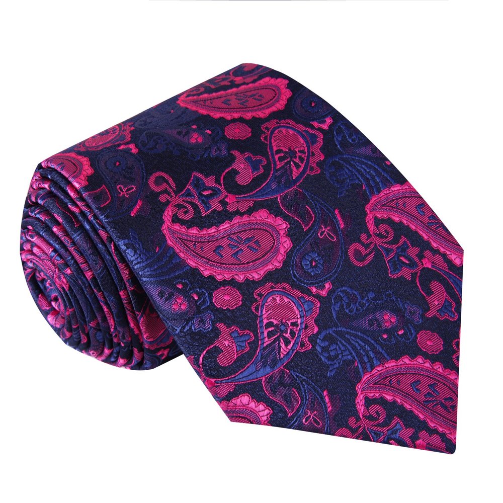 A Dark Blue, Pink Paisley Pattern Silk Necktie||Blue, Pink