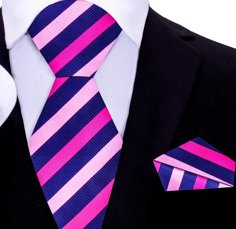 Blue and Pink Stripe Tie and Pocket Square||Pink, Dark Blue