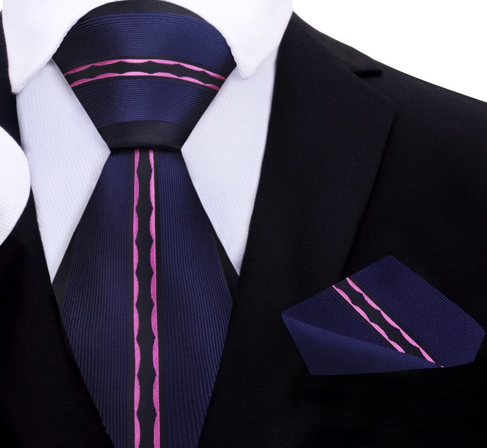 Black, Blue, Purple Waved Lines Tie and Square