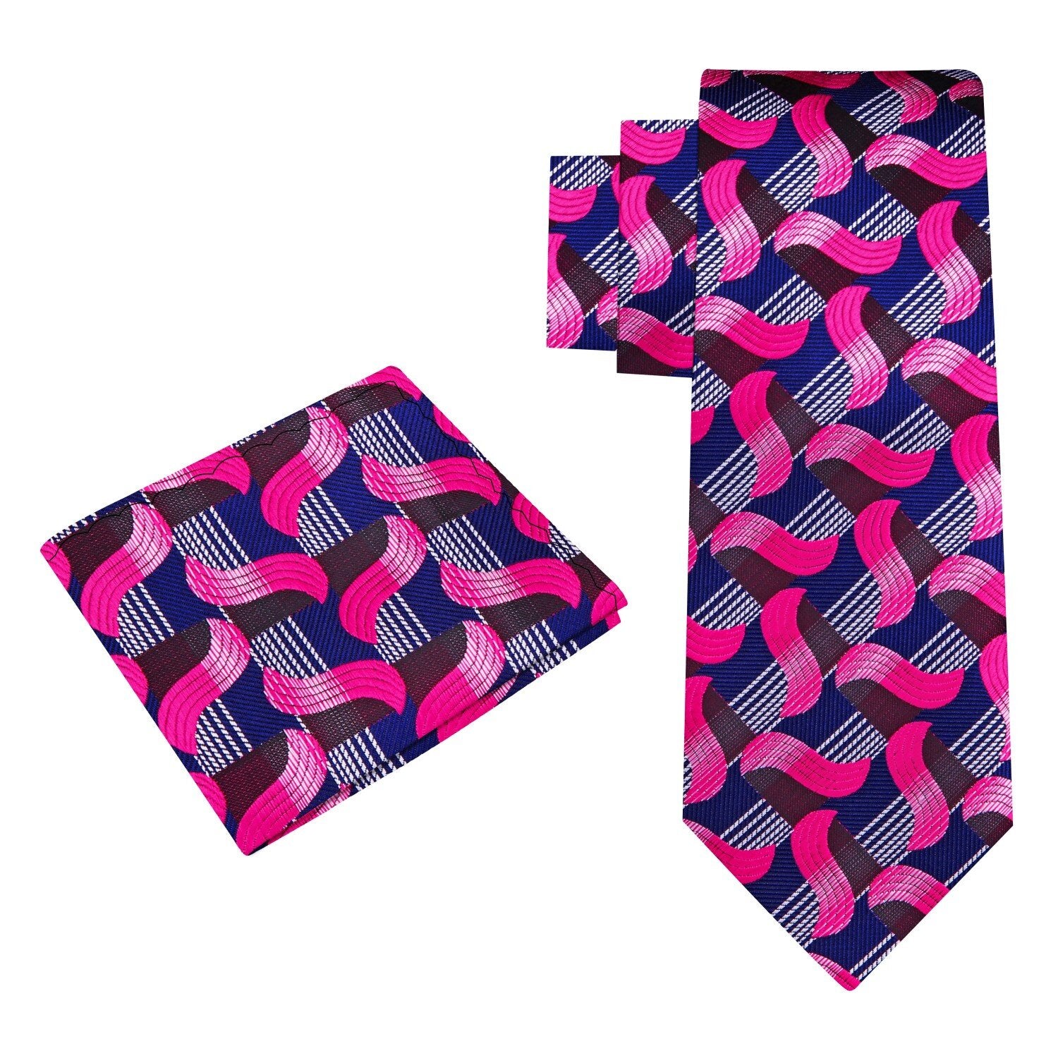 Alt View: A Blue, Dark Blue, Pink Abstract Wavy Lines Pattern Silk Necktie, With Matching Pocket Square