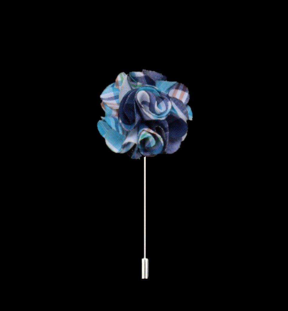 A Blue, Light Blue Plaid Colored Leafy Petal Flower Shaped Lapel Pin||Light Blue, Blue