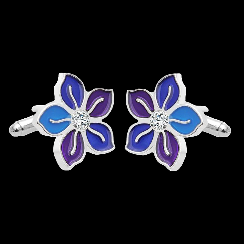 Chrome with Blue Purple Petals Flower Cuff-links