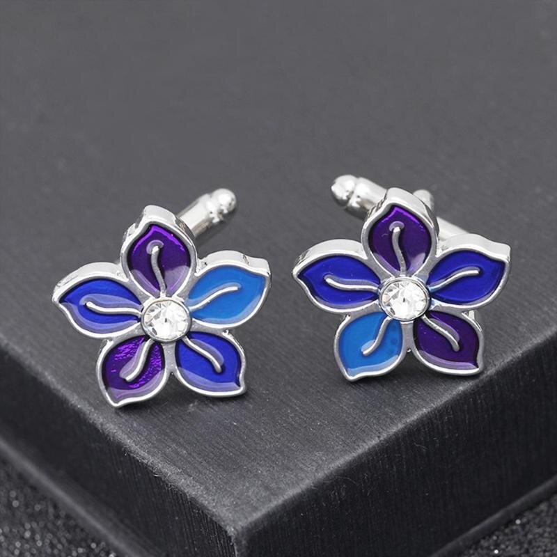 View 2 Chrome with Blue Purple Petals Flower Cuff-links