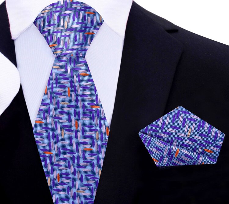Main View: Blue, Purple, Light Pink, Orange Geometric Tie and Pocket Square