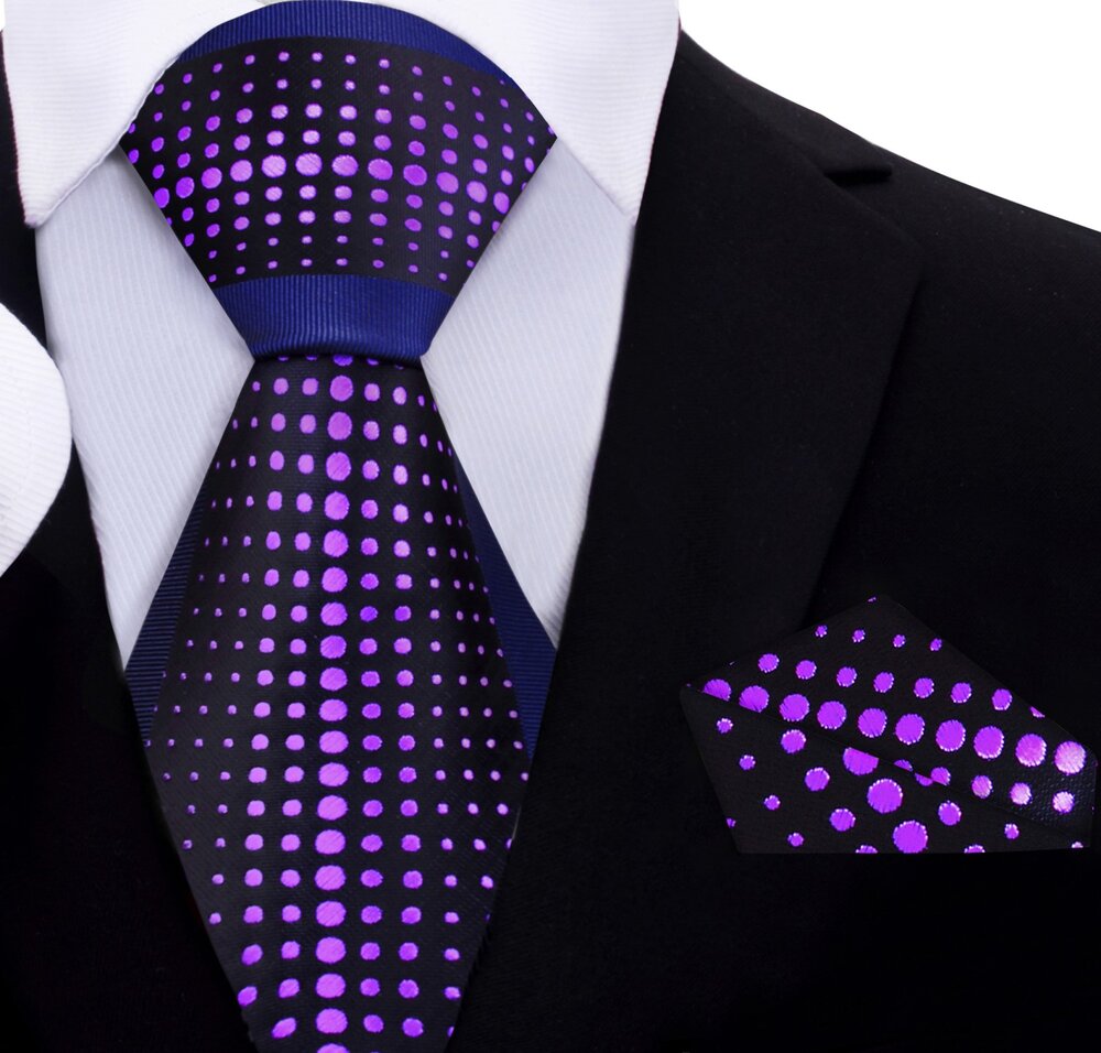 A Dark Blue Background With Light Purple Dots Silk Necktie With Matching Pocket Square||Purple
