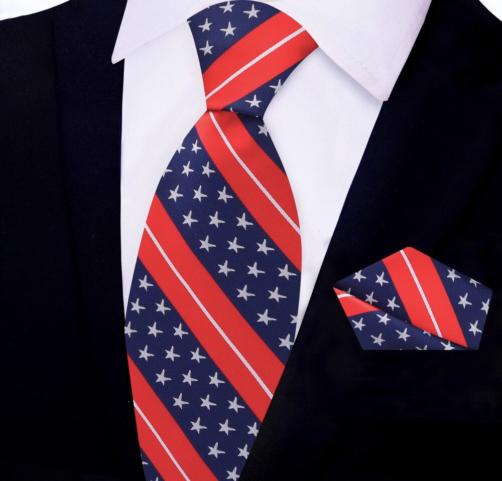 Blue, Red, Grey New Stars and Stripes Tie and Pocket Square