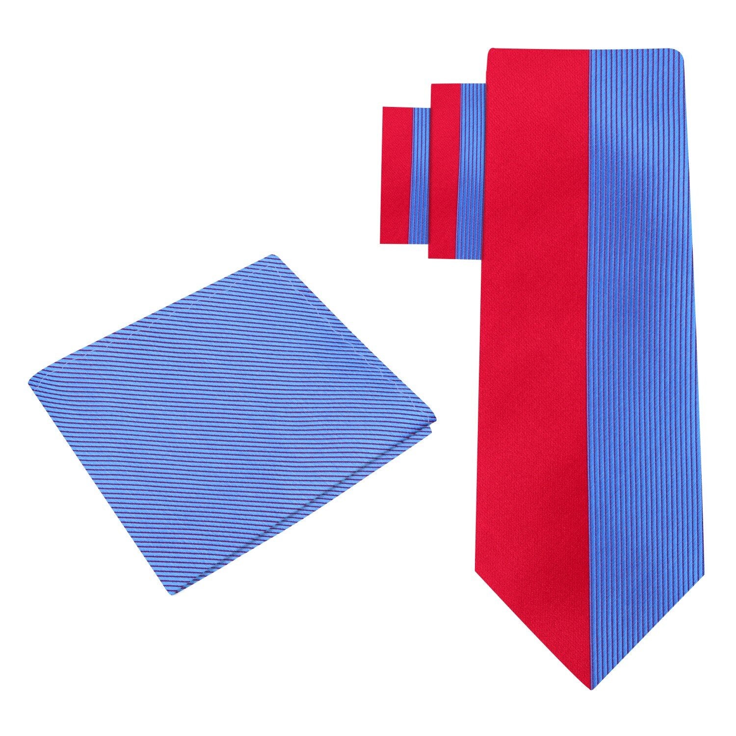 View 2: A Red, Light Blue Geometric Lined Pattern Silk Necktie, Solid Light Blue Pocket Square