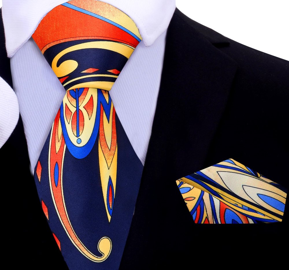 Blue, Red, Orange, Yellow Abstract Tie and Pocket Square