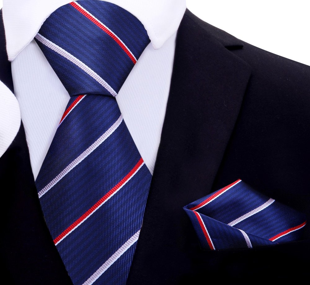 Blue, Red Stripe Tie and Square||Blue, Red