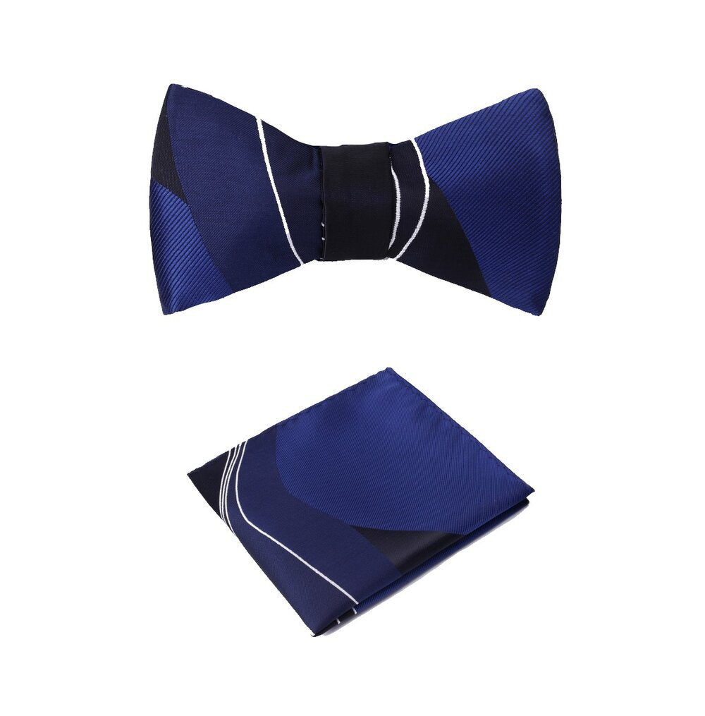 A Blue, White Abstract Pattern Silk Self Tie Bow Tie With Matching Pocket Square||Blue, Dark Blue, White