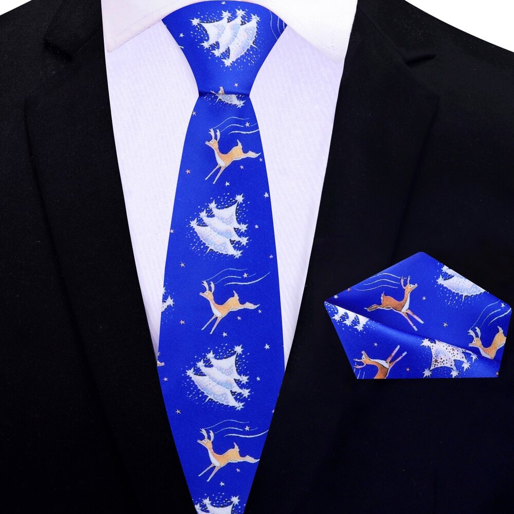 Thin Tie: Blue, White, Brown Reindeer and Christmas Tree Tie And Pocket Square