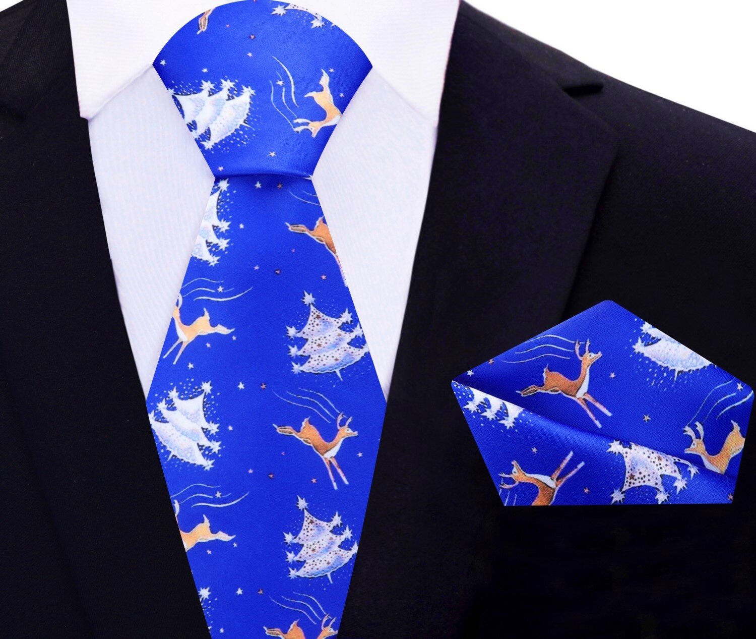 Main View: Blue, White, Brown Reindeer and Christmas Tree Tie And Pocket Square