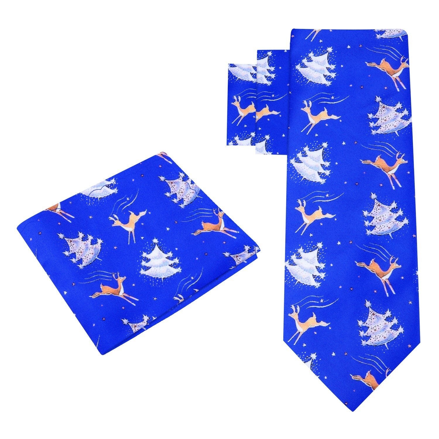 Alt View: Blue, White, Brown Reindeer and Christmas Tree Tie And Pocket Square