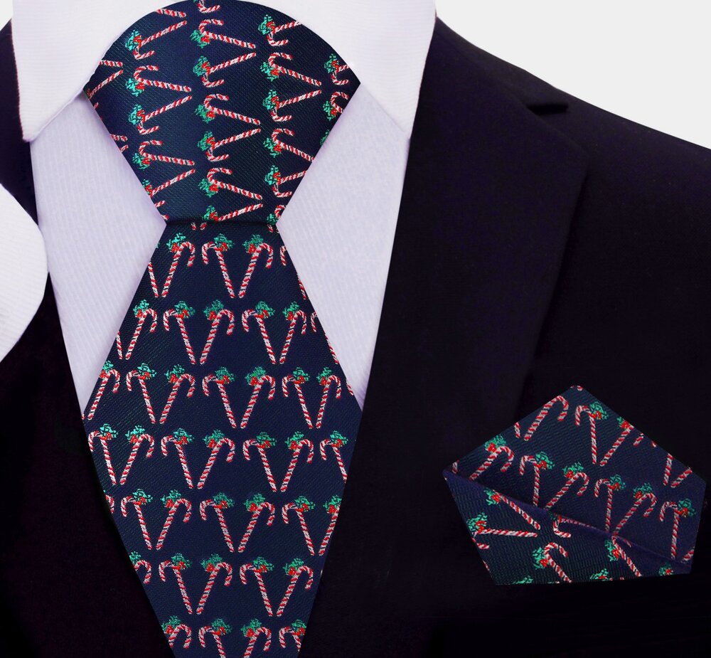 Blue, White, Green Candy Canes Tie and Pocket Square