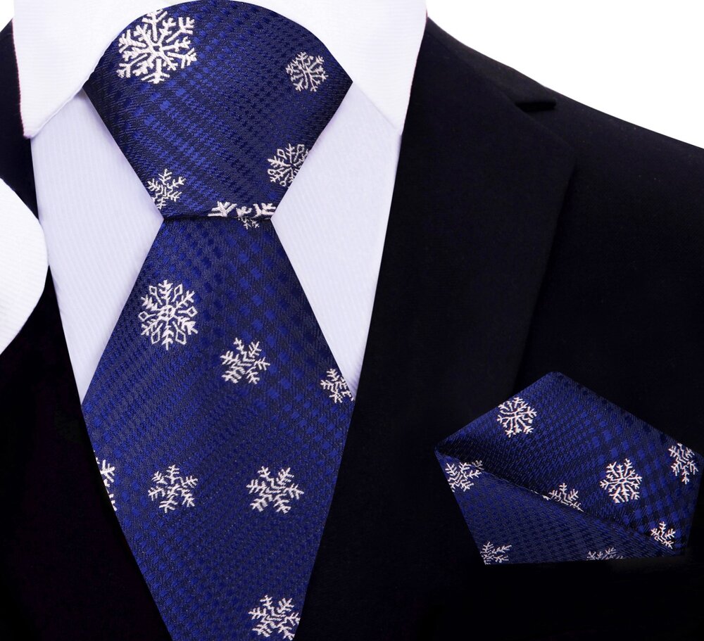 Blue, White Snowflake Tie and Pocket Square