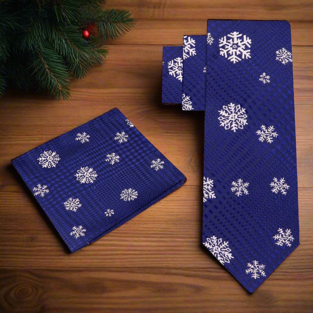 Alt View: Blue, White Snowflake Tie and Pocket Square