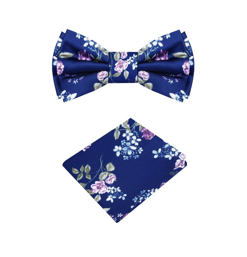 Blue, Pink Flowers Bow Tie and Pocket Square||Navy