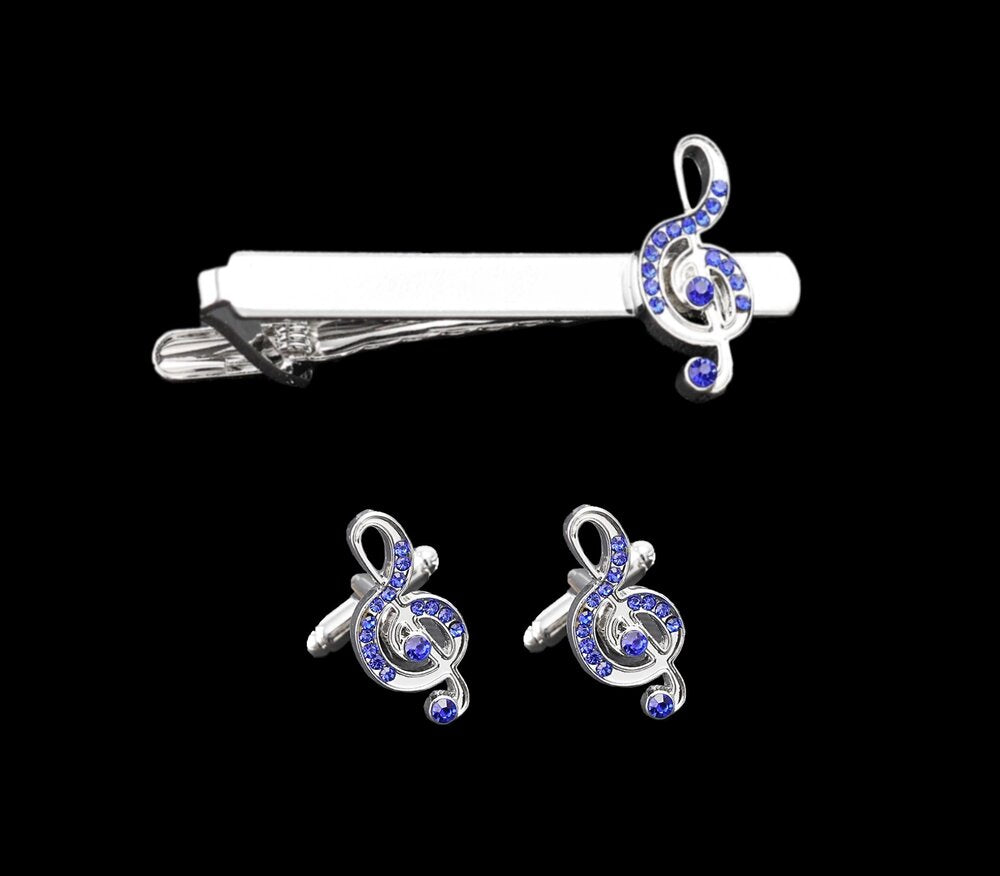 A Chrome and Blue Music Note Tie Bar and Cuff-links