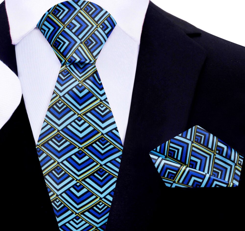 Blue Aqua Black Geometric Tie Pocket Square