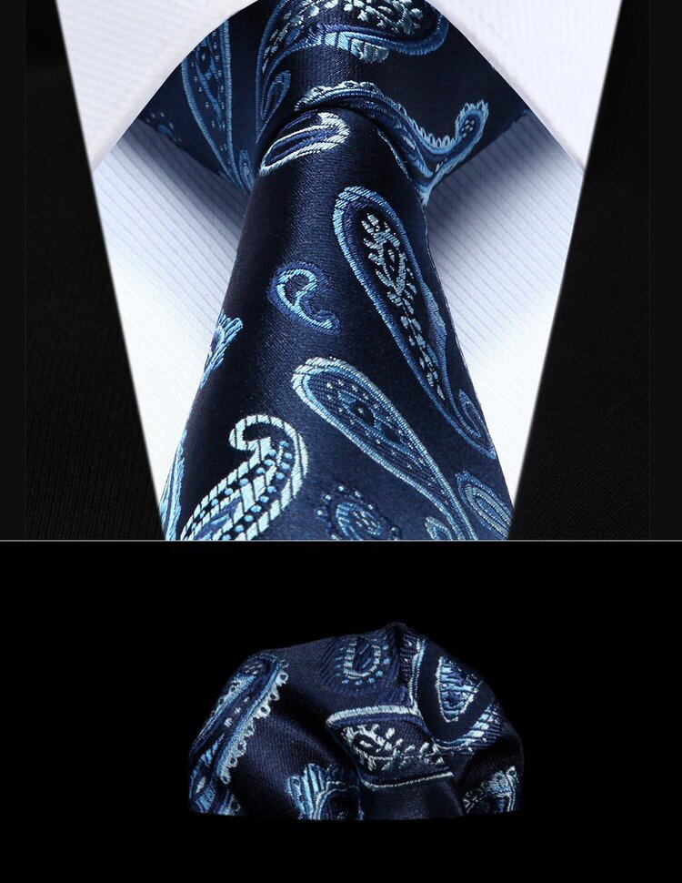 A Dark Blue, Light Blue Paisley Pattern Silk Necktie, Matching Pocket Square,||Blue, Light Blue