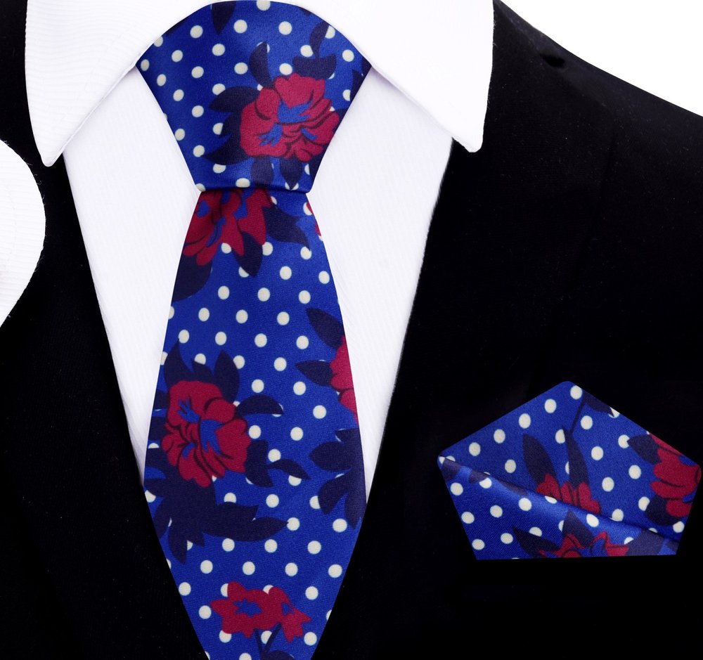A Blue, White, Red Color Abstract Polka and Floral Pattern Silk Thin Tie, Pocket Square