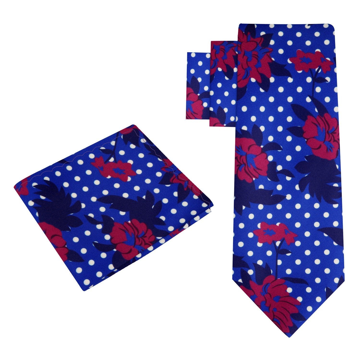 Alt View: A Blue, White, Red Color Abstract Polka and Floral Pattern Silk Tie, Pocket Square