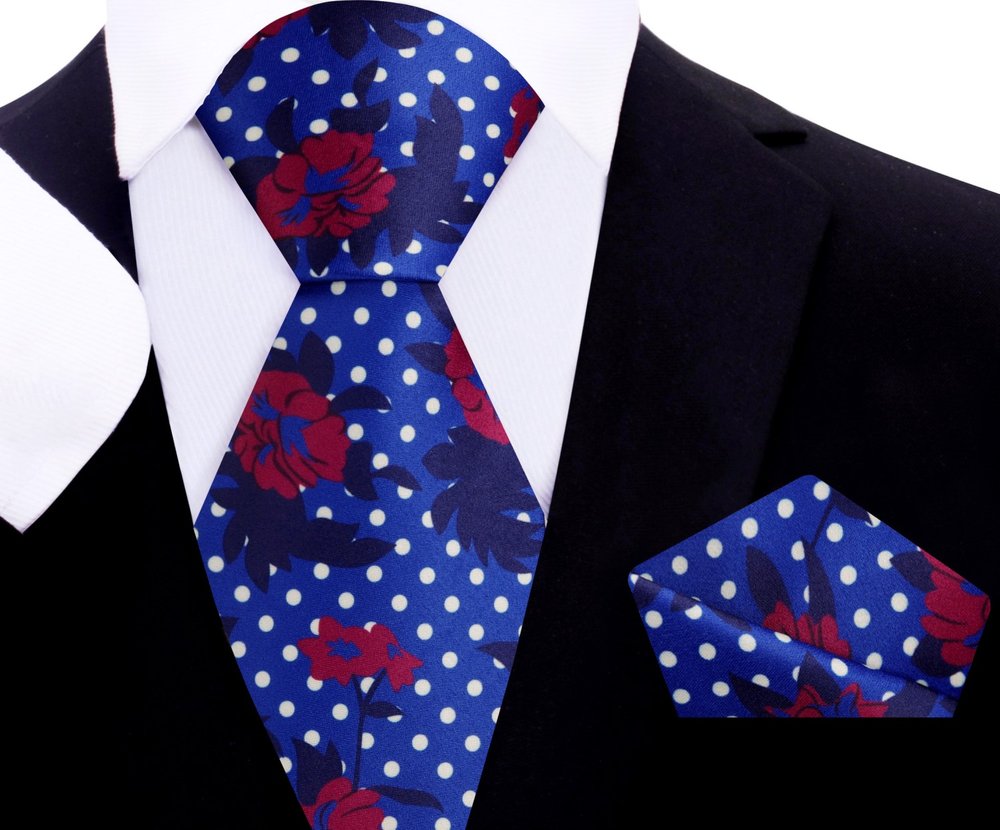 A Blue, White, Red Color Abstract Polka and Floral Pattern Silk Tie, Pocket Square