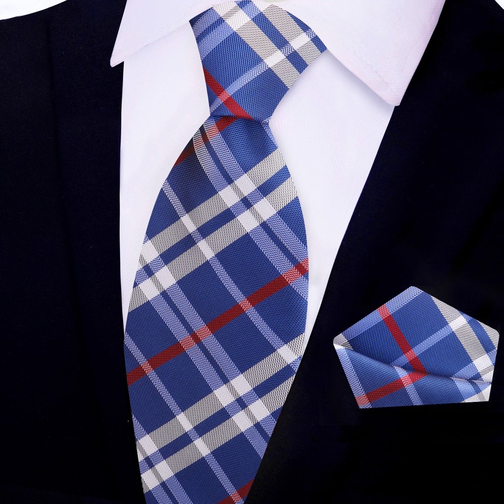 Blue White Red Plaid Tie and Square