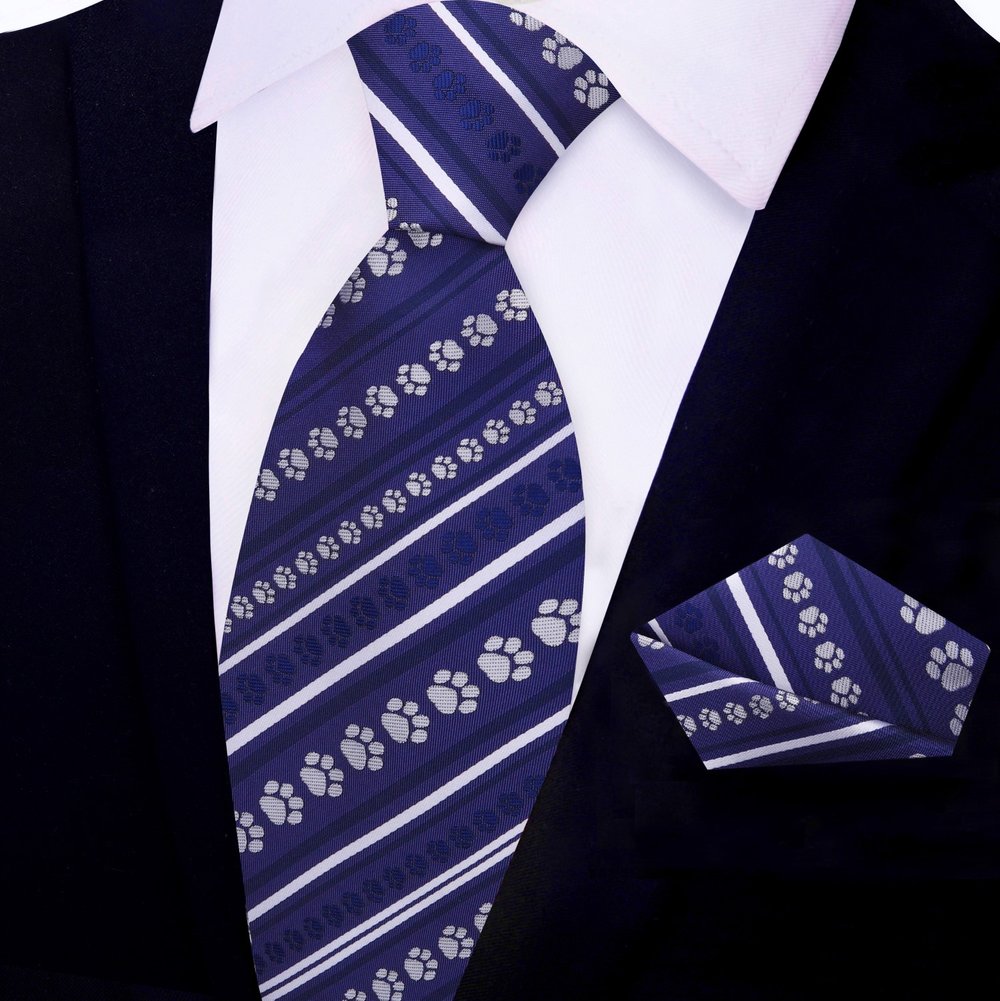 Blue and Grey Paw Prints Tie and Square