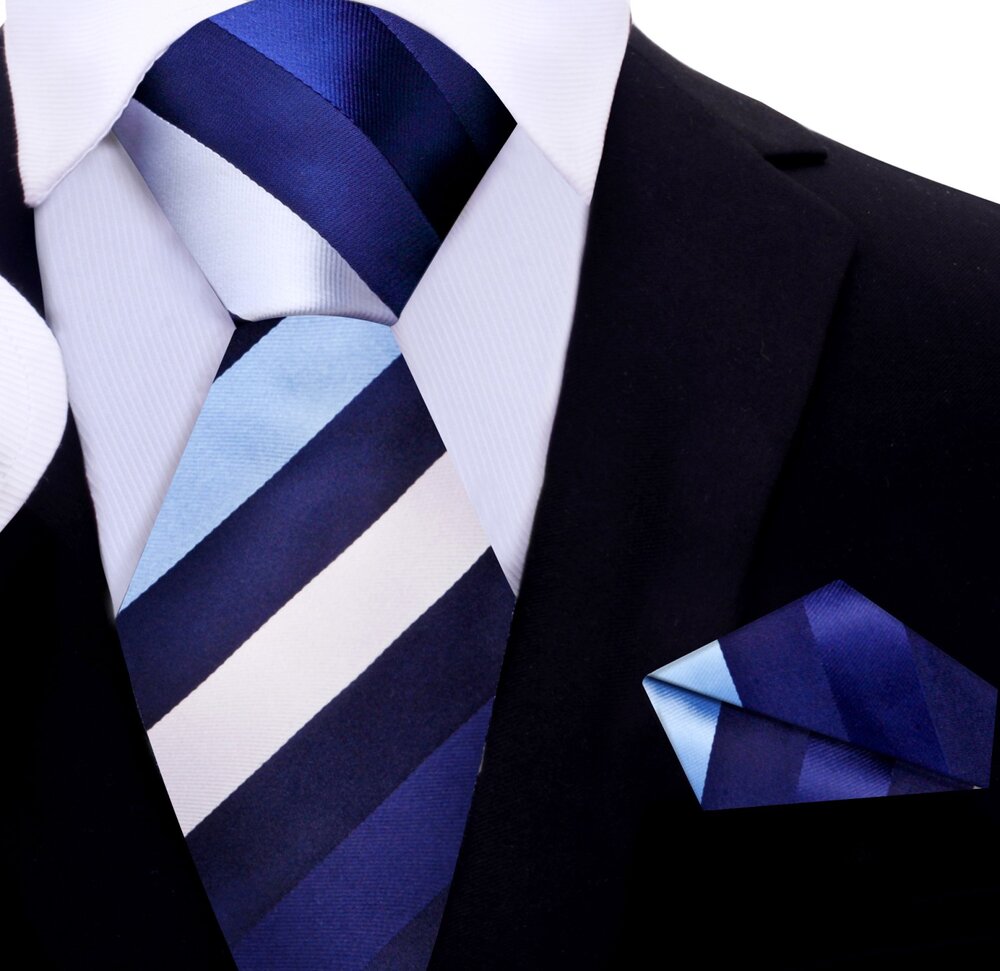 Blue, Dark Blue, White Stripe Tie and Pocket Square