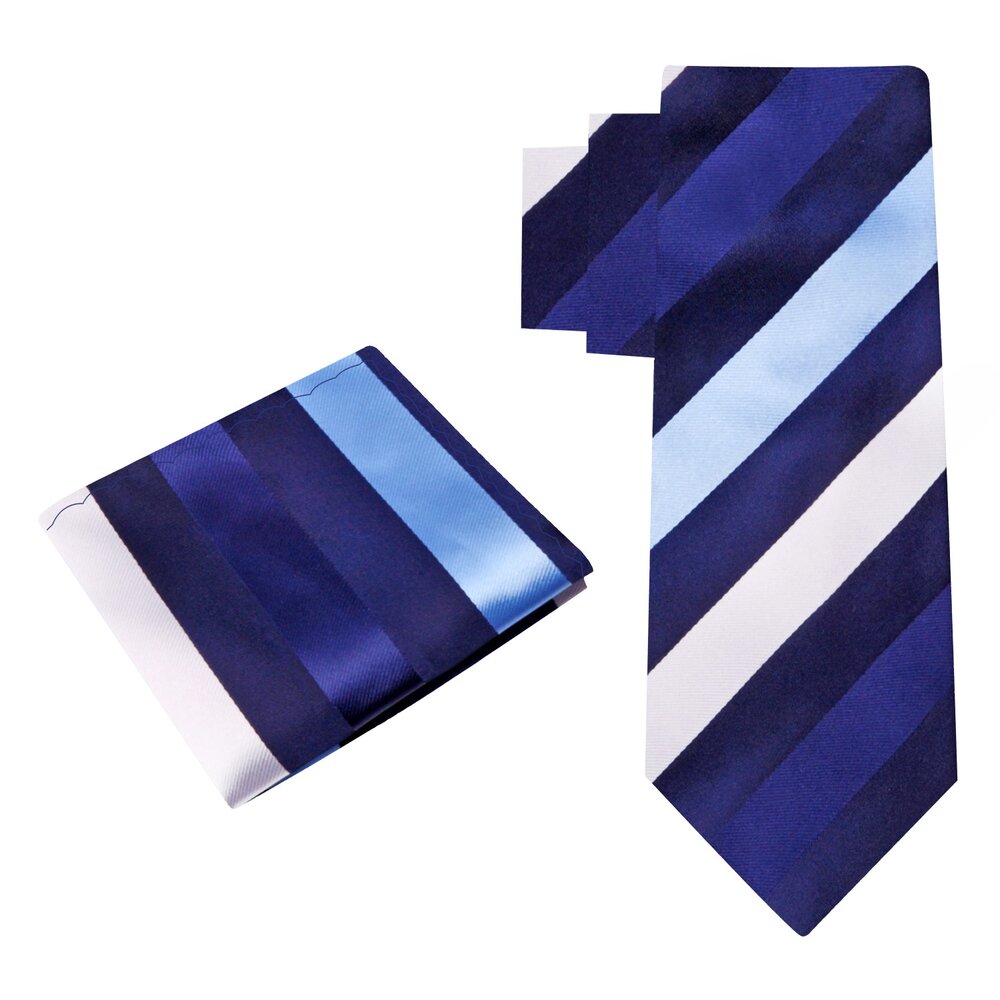 Alt View: Blue, Dark Blue, White Stripe Tie and Pocket Square
