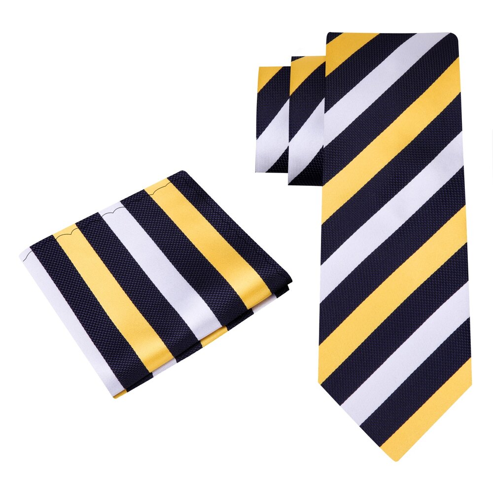 View 2: Yellow, Blue, White Stripe Tie and Pocket Square