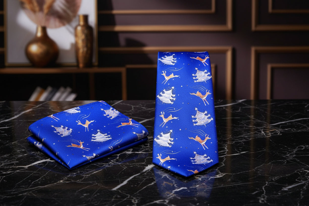 Alt View: Blue, White, Brown Reindeer and Christmas Tree Tie And Pocket Square