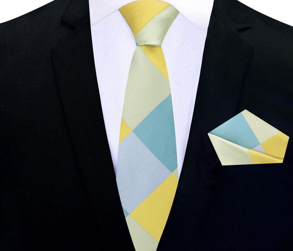 Thin Tie: Yellow, Light Blue, Pale Green, Blue/Grey Large Diamond Tie and Pocket Square