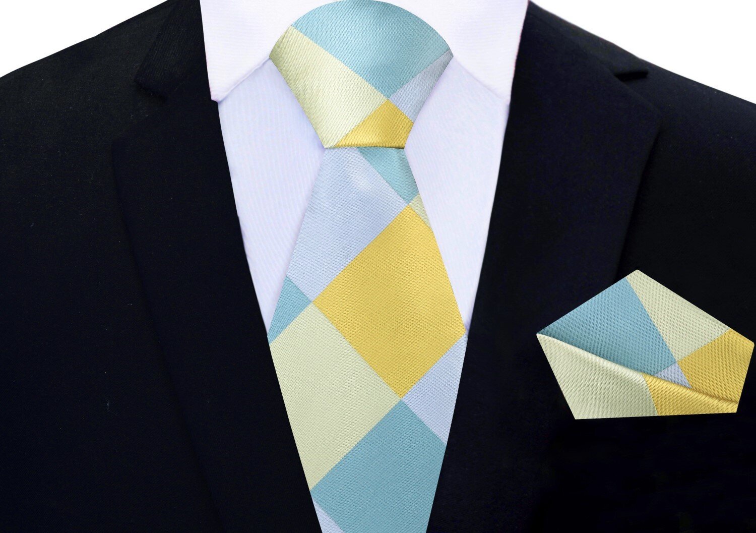 Main View: Yellow, Light Blue, Pale Green, Blue/Grey Large Diamond Tie and Pocket Square