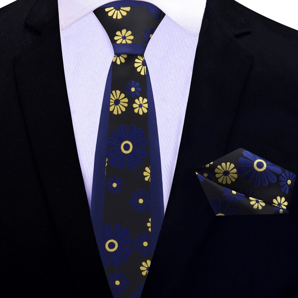 Dark Blue, Black and Yellow Cactus Flower Thin Tie ||Blue, Yellow