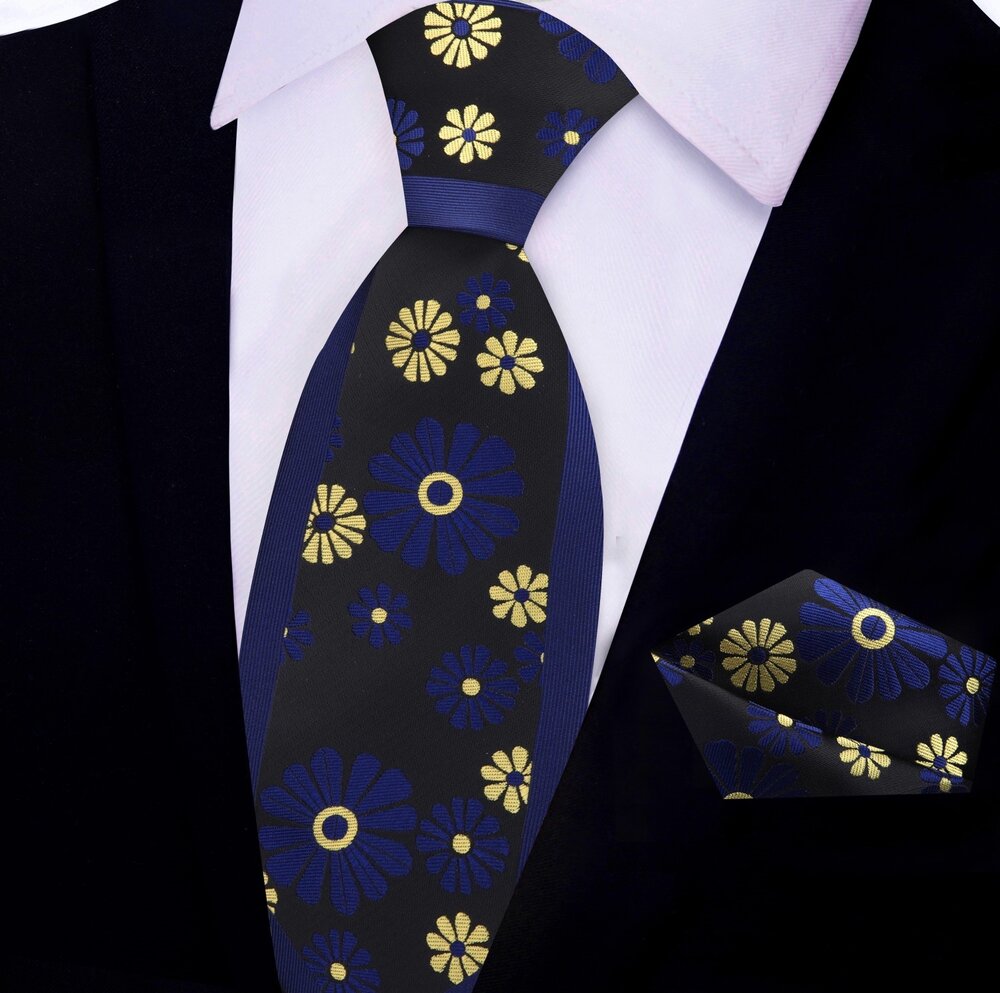 Dark Blue, Black and Yellow Cactus Flower Tie ||Blue, Yellow