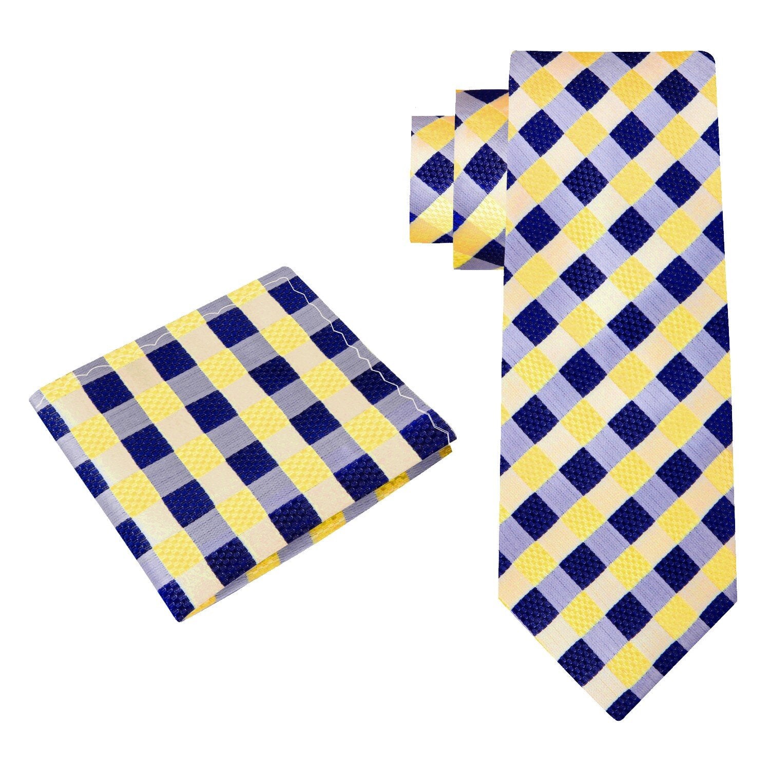 Alt View: A Yellow, Blue Check Pattern Silk Necktie, Matching Pocket Square