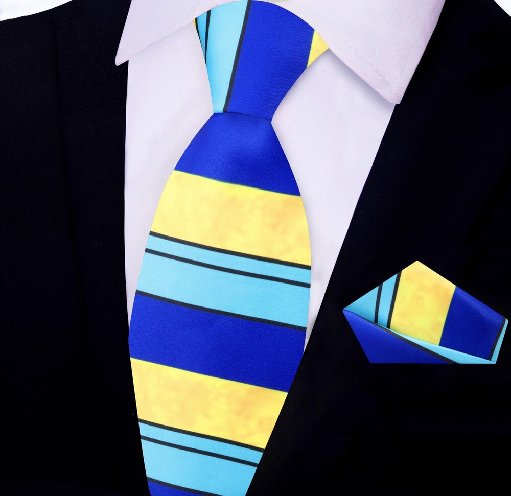 Blue, Light Blue, Yellow Stripe Tie and Pocket Square