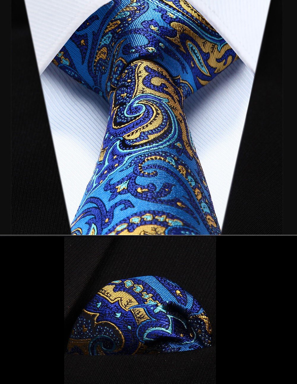 A Blue, Yellow Intricate Paisley Pattern Necktie, Matching Pocket Square