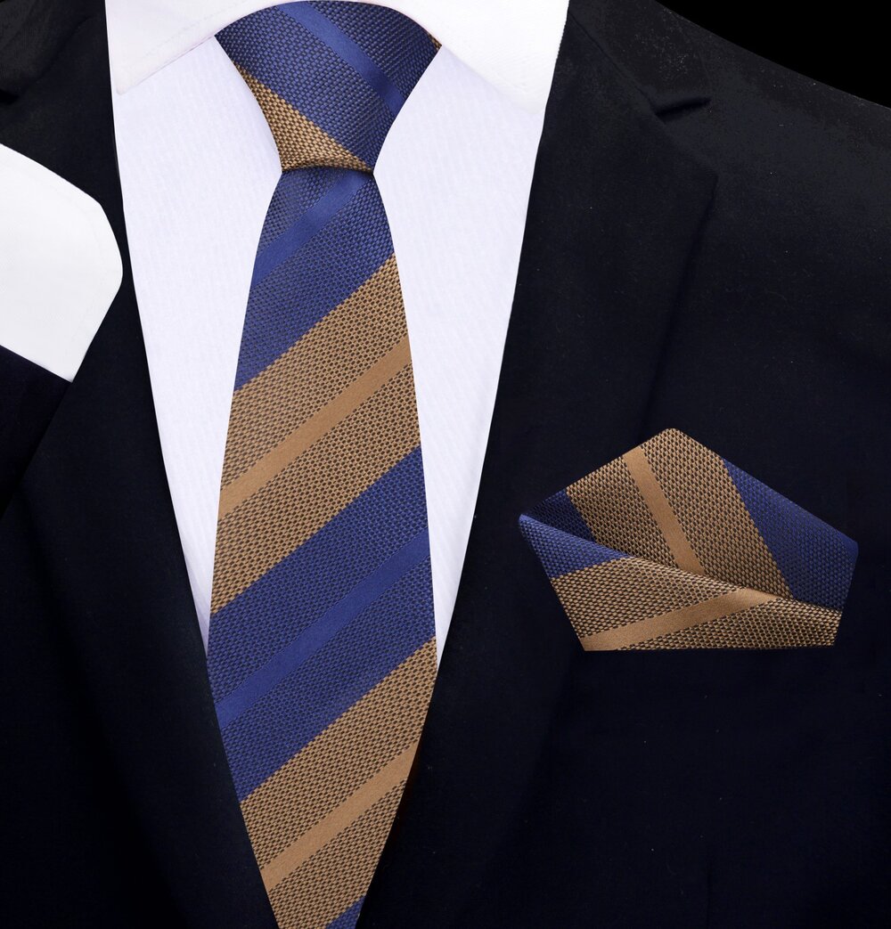 Blue, Brown Stripe Thin Tie and Pocket Square||Blue, Brown