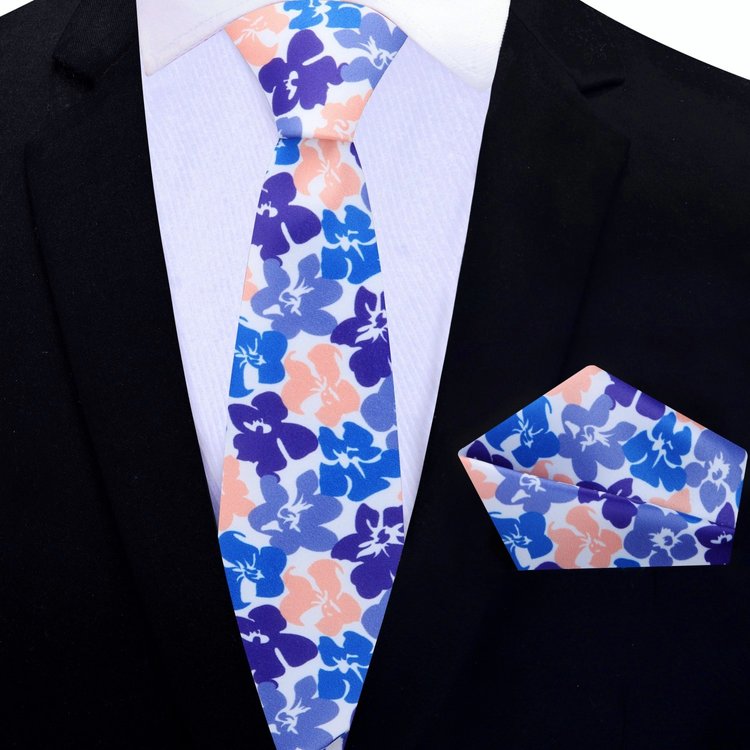 Thin Peach Purple Blue Flowers Necktie and Square