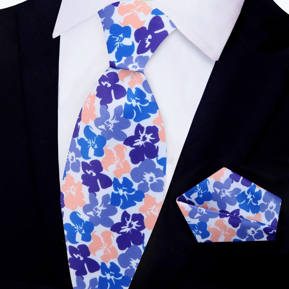 Peach Purple Blue Flowers Necktie and Square