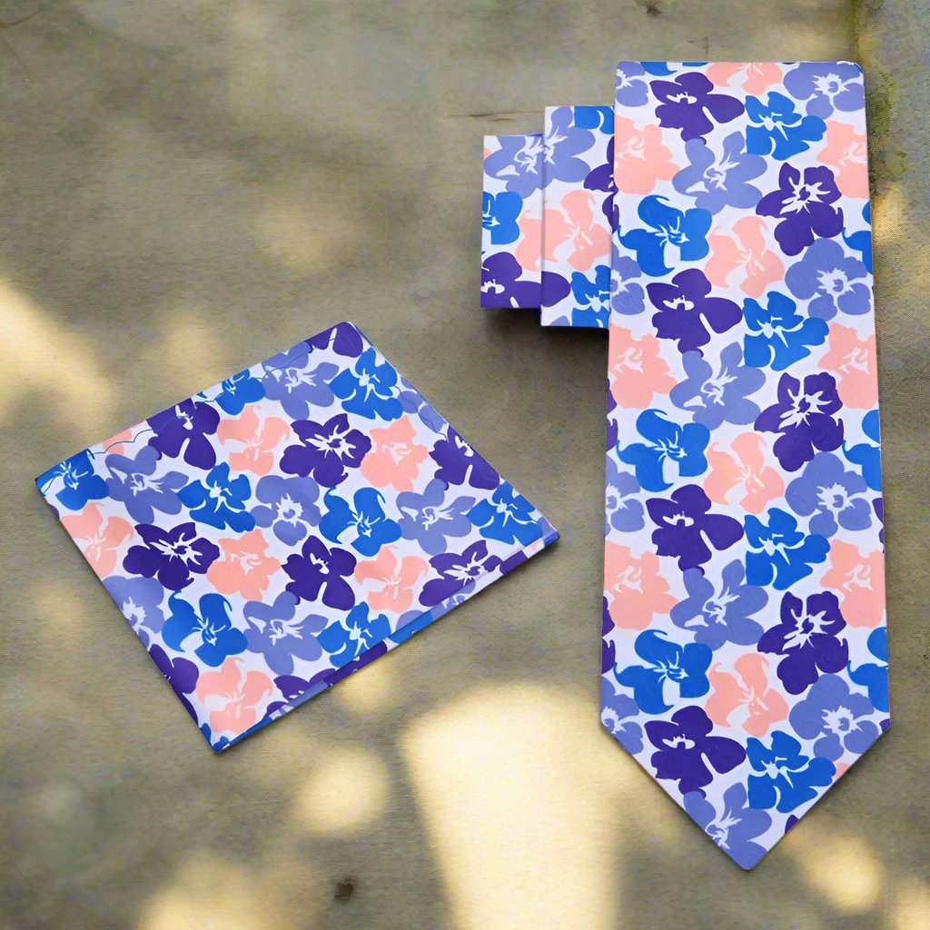 Alt Peach Purple Blue Flowers Necktie and Square