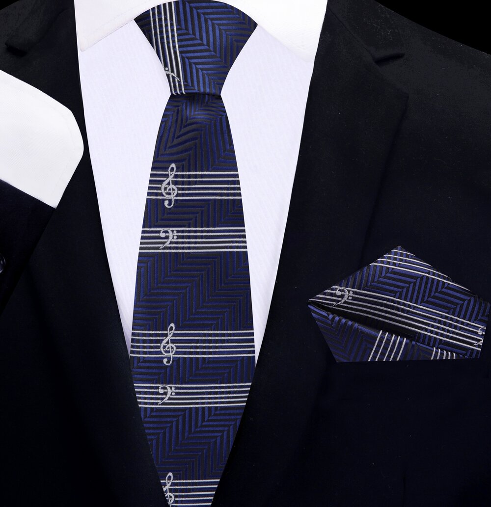 thin tie view Blue White Music Tie and Pocket Square||Navy Blue, White